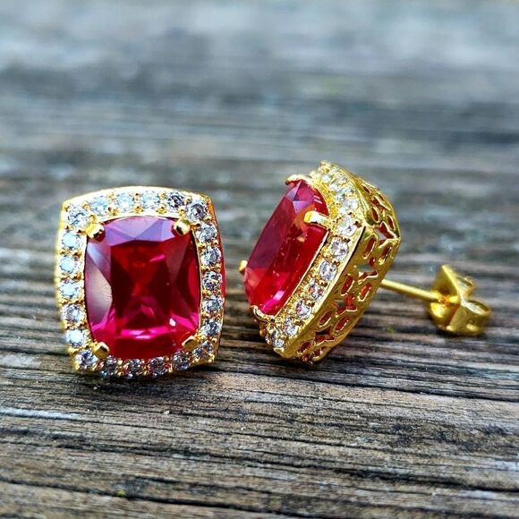 Lab Simulated Ruby & Diamond Rectangle Earrings - Picture 1 of 4